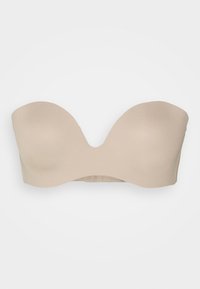 Nude strapless beha met een glad, naadloos ontwerp, met licht gewatteerde cups en een haak-en-oogsluiting aan de achterkant.