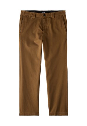 Hnědé bavlněné chinos s rovnými nohavicemi, vybavené předními kapsami, zapínáním na knoflík a hladkým povrchem.