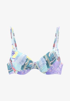 Bikini-top met een multicolore tropische bladenprint. Gemaakt van een zachte stof, met verstelbare bandjes en geplooide details in het midden.