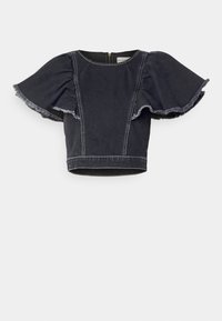 Blå denim avkortet topp med korte, volangermer. Har kontraststing og glidelås bak. Frayed kant på ermene.