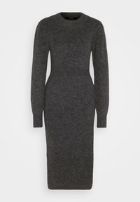 Kolgrå stickad klänning med långa ärmar, åtsittande midja och rak silhuett, tillverkad av ett mjukt, strukturerat tyg.