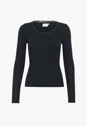 Schwarzes, geripptes Langarmoberteil mit einem geschwungenen Spitzenhalsauschnitt, figurbetontem Schnitt und strukturiertem Stoff. Keine sichtbaren Verschlüsse oder Akzente.