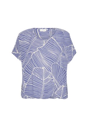 Kurzärmliges Oberteil in Lavendel mit einem weißen Blattmuster. Weicher Stoff, lockere Passform, runder Halsausschnitt und abgerundeter Saum.