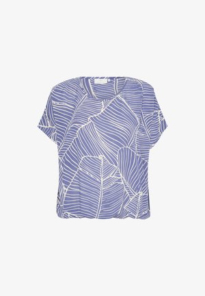 Lühikeste varrukatega tops lavendlivärvi, millel on valge lehe muster. Pehme kangas, vabalt langev lõike, ümar kaelus ja ümar äärise detail.