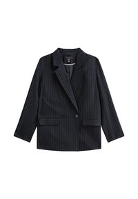 Blazer doppio petto in blu notte scuro con righe bianche, con reverse a pistola, due tasche frontali e maniche lunghe. Tessuto dalla consistenza liscia.