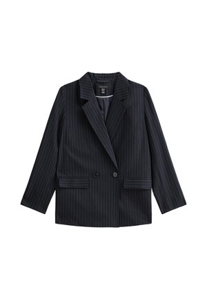 Donkerblauwe double-breasted blazer met witte krijtstrepen, notch-lapels, twee voorzakken en lange mouwen. Gladde stofstructuur.
