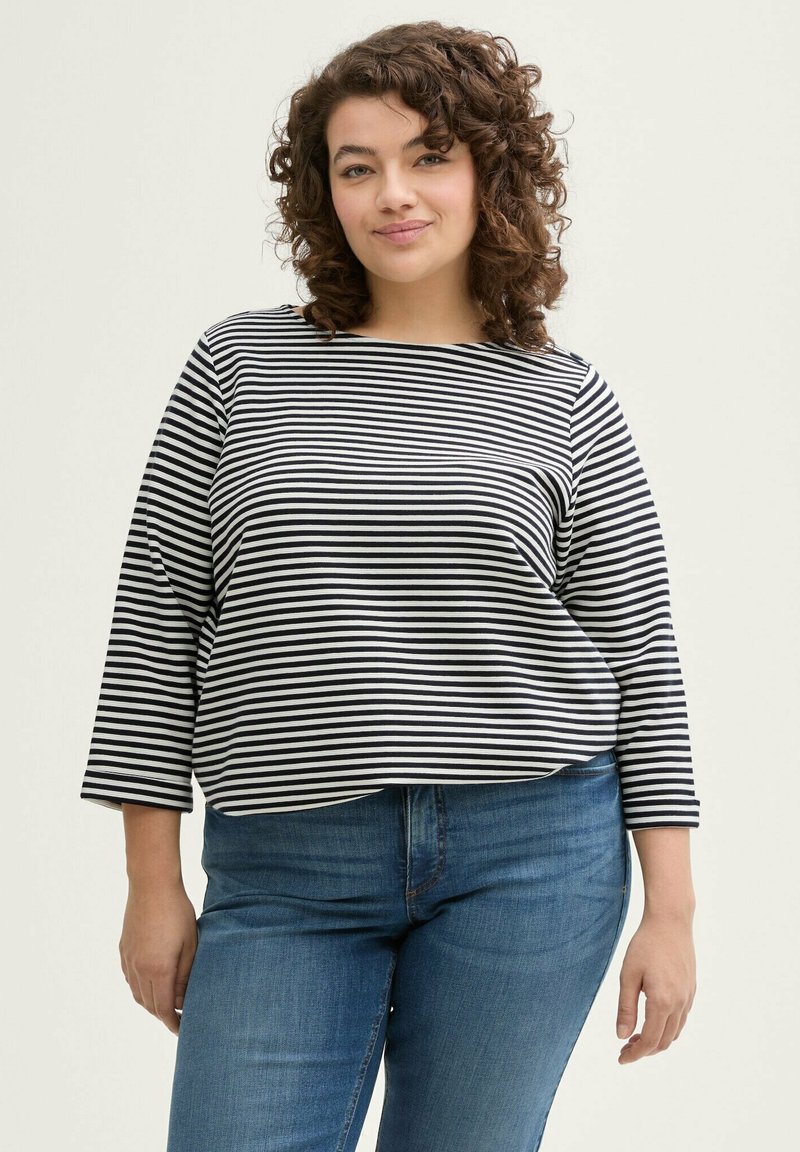 TOM TAILOR PLUS SIZE - MIT KNOPF-DETAILS - Long sleeved top - offwhite navy regular stripe