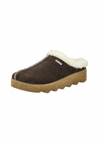 Mocassin en suede marron avec un col en fausse fourrure blanche, semelle en caoutchouc texturé et détails de couture contrastants le long du bord.