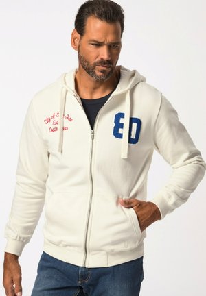 White zip-up hoodie in soft material, featuring blue number "80" and red text. Front pockets, drawstring hood, and ribbed cuffs.