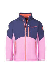 Colorful jacket with navy blue and pink sections, featuring orange zippers, a high collar, and a logo on the left sleeve. Two front pockets.