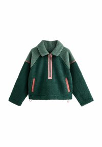 Roheline fliisist pullover kõrge krae, pool lukuga ja roosade aksentidega. Omaduseks on tekstuuriga pind ja kaks esikäepaari kontrastset ääristust.