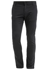Pantalons en coton noir mélangé avec une coupe slim, dotés d'une fermeture éclair, de poches avant et d'une texture lisse. Sans motifs ni accents décoratifs.