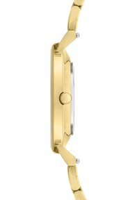 Goldfarbene Metall-Uhr mit rundem Gehäuse, glatter Oberfläche und strukturiertem Kronen. Verfügt über ein Armbanddesign mit Gliedern. Silbernes Ziffernblatt sichtbar.