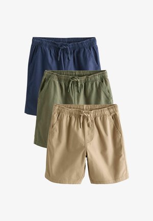 Tre par shorts: ét marineblå, ét olivengrønt og ét khaki. Alle har elastik i taljen med snørre og sidelommer.