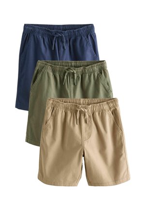 Three pairs of shorts: one navy, one olive green, and one khaki. All feature an elastic waistband with a drawstring and side pockets.