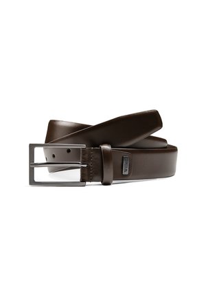 Brown leather belt featuring a rectangular silver metal buckle, multiple holes for adjustment, and a smooth, matte texture.