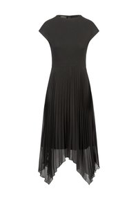 Vestido negro con un corpiño ajustado y mangas cortas, que presenta una falda plisada que se estrecha hacia un dobladillo más largo en la parte posterior, hecho de una tela ligera.