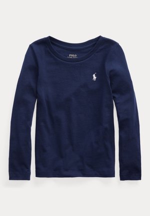 Marineblaues Langarmshirt mit Rundhalsausschnitt und kleinem weißem Polo Ralph Lauren Logo mit Pferd und Reiter auf der linken Brust.