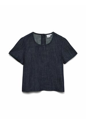 Haut en denim bleu foncé à manches courtes avec encolure ronde et fermeture éclair au dos, disposé à plat sur fond blanc.