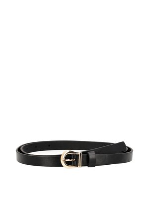 Sort læderbælte med et elegant design, der har en rund spænde i guldfarvet tone, glat overflade og flere justeringshuller.