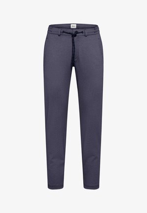 Pantalon décontracté bleu marine avec taille à cordon, poches avant et coupe droite slim.