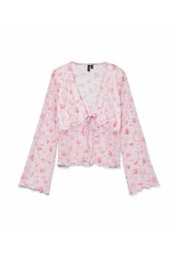 Blouse florale rose avec des manches longues évasées et un nœud à l'avant. Fabriquée en tissu léger, elle présente un ourlet à volants et un motif floral délicat.
