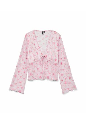 Blouse florale rose avec des manches longues évasées et un nœud à l'avant. Fabriquée en tissu léger, elle présente un ourlet à volants et un motif floral délicat.
