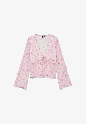Blouse florale rose avec des manches longues évasées et un nœud à l'avant. Fabriquée en tissu léger, elle présente un ourlet à volants et un motif floral délicat.