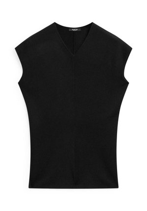 Black top with a V-neck, short wide sleeves, and a fitted shape. Made of a smooth material, featuring clean lines and minimal detailing.