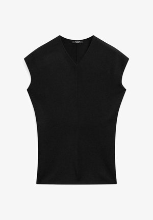 Černý top s výstřihem do V, krátkými širokými rukávy a přiléhavým střihem. Vyroben z hladkého materiálu, s čistými liniemi a minimálním zdobením.