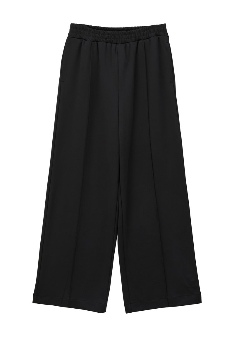 Zwarte, wijde broek gemaakt van zachte stof, met een elastische tailleband en twee zijzakken, met een gladde, niet-getextureerde oppervlakte.