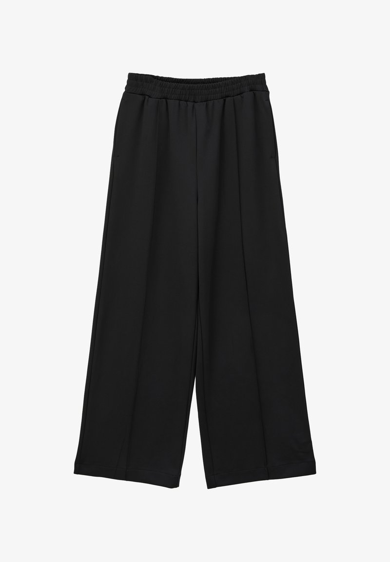 Zwarte, wijde broek gemaakt van zachte stof, met een elastische tailleband en twee zijzakken, met een gladde, niet-getextureerde oppervlakte.