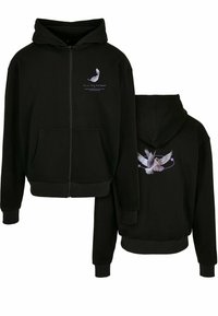 Sort zip-up hette laget av bomull, med en frontlomme, hette og trykte design av en fjær og en fugl på fronten og baksiden.