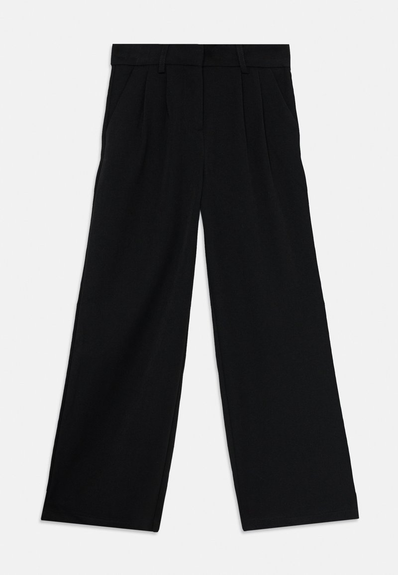 Svarta högmidjade vida byxor med bältesöglor, sidofickor och framveck, lagda platt på en vit bakgrund.