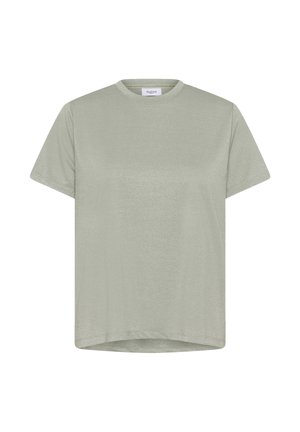 Heleroheline lühikeste varrukatega t-särk, mis on valmistatud pehmest ja läikivast kangast. Ümmargune kaelus minimaalse õmblusdetailiga servadel.