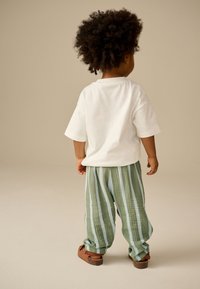 Camiseta blanca de algodón con mangas cortas, combinada con pantalones verdes a rayas de tela ligera y zapatos marrones tipo slip-on.