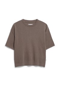 Brauner, gerippter Strickpullover mit kurzen Ärmeln, Rundhalsausschnitt und lockerer Passform. Mit einem kleinen Etikett an der Seite. Weicher Stoff, lässiges Design.