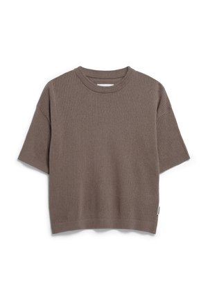Brown ribbed knit short-sleeve sweater with a round neck and relaxed fit. Features a small label on the side. Soft texture, casual design.