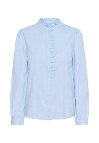 Chemise bleu clair à boutons, manches longues, col à volants et patte de boutonnage sur le devant. Tissu en coton doux avec un léger éclat.