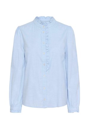 Hele sinine särgikleit pikkade varrukatega, volditud krae ja eest nööbitav detail. Pehme puuvillane kangas kergelt läikiva pinnaga.