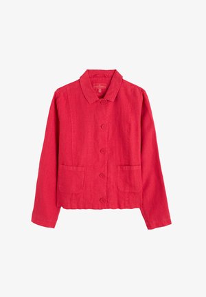 Red linen jacket with a collared neckline, six button front closure, and two front pockets. Features long sleeves and a relaxed fit.