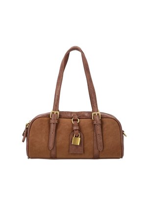 Braune Lederhandtasche mit zwei oberen Griffen, goldfarbenen Schnallendetails und einem kleinen Vorhängeschloss an einem vorderen Riemen.