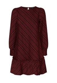 Rood-zwart geruite jurk met lange mouwen, ronde halslijn en een gerimpelde zoom. Gemaakt van zachte stof met een losse pasvorm. Detail met een sleutelgat aan de achterkant.