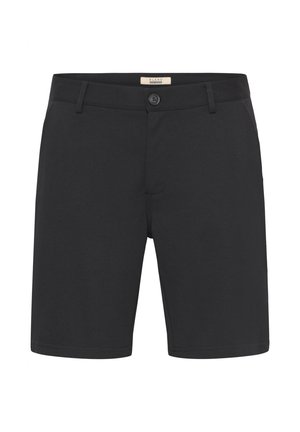 Schwarze Shorts aus glattem Stoff, mit Knopfverschluss, Gürtelschlaufen und zwei Seitentaschen, in taillierter Passform und geradem Saum.