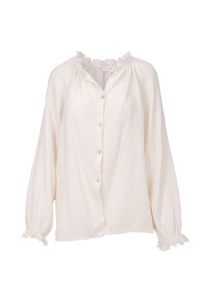 Weiße Bluse mit langen Ärmeln, Vorderknöpfen, gerafftem Kragen und Manschetten, strukturierter, leichter Stoff, lockere Passform.