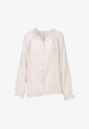 Weiße Bluse mit langen Ärmeln, Vorderknöpfen, gerafftem Kragen und Manschetten, strukturierter, leichter Stoff, lockere Passform.