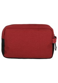 Borsa da toiletta rossa con texture, base nera a contrasto e chiusura con zip. Presenta una maniglia laterale per un facile trasporto.