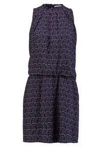 Marineblaues Kleid mit einem floralen Muster in Rosa und Weiß. Ärmellos mit einer gerafften Taille, aus leichtem Stoff gefertigt. Rüschendetail am Ausschnitt.