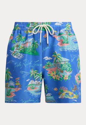 Męskie kąpielówki z niebieskiego materiału z żywymi tropikalnymi wzorami, w tym palmami, domkami i motywami wodnymi, z ściągaczem w talii.