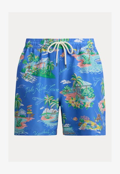 Pánské plavky z modré látky s výraznými tropickými vzory, včetně palem, domů a vodních scenérií, s tkanicí v pase.